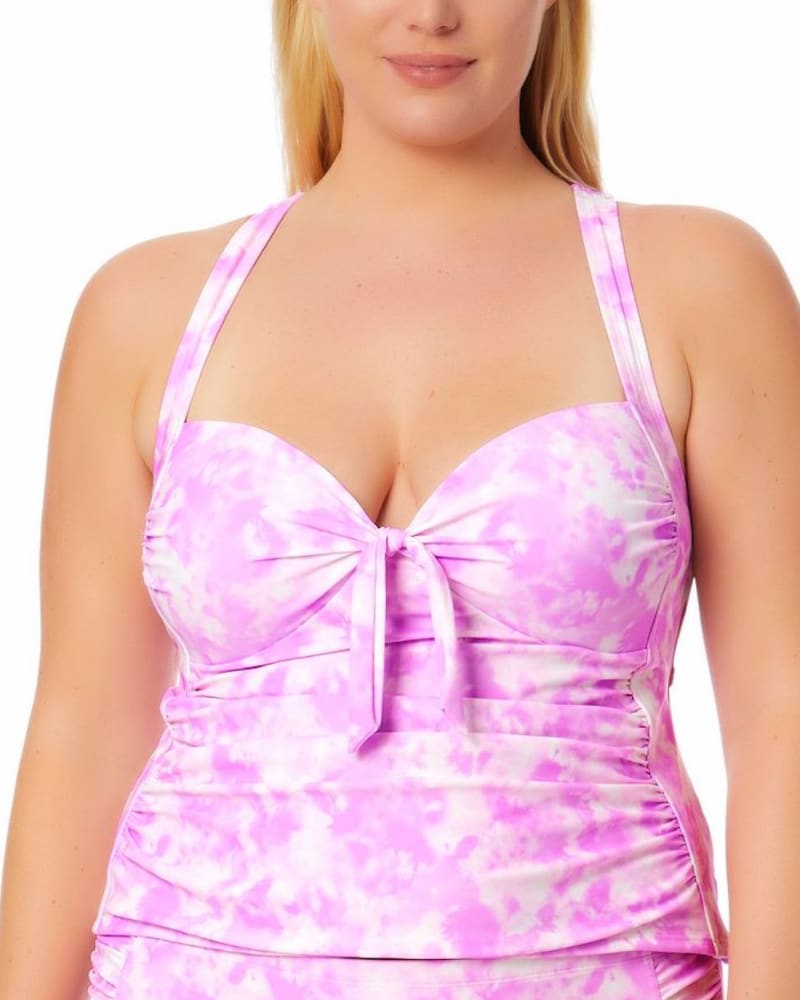 Front of a model wearing a size 3X California Waves Women's Plus Tie Dye Molded Cup Tankini Top Swimsuit Pink Size 3X in Pink by California Waves. | dia_product_style_image_id:310955